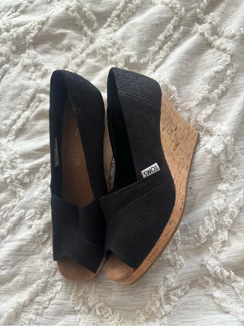 TOMS size 6 Black Suede Peep-Toe Wedge Heels